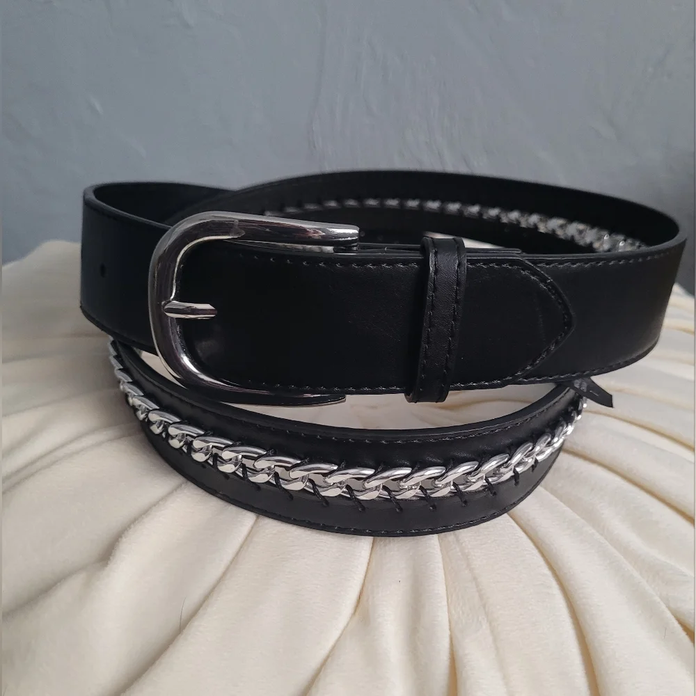 torrid Black Faux Leather Belt with Silver Chain Detail
